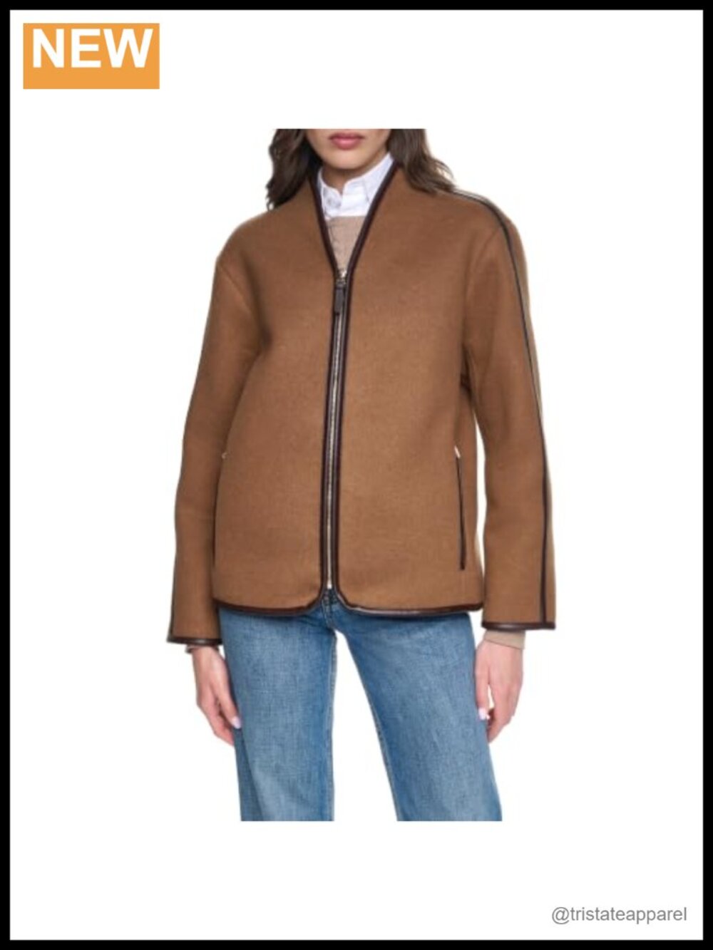 Faux Wool Shearling Cardigan Jacket with Faux Leather Trim